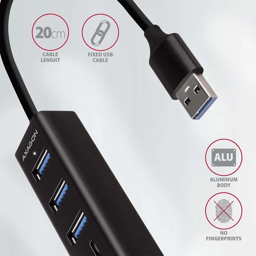 Axagon HMA-CR3A USB Hub Kaartlezer SD/Micro SD - 3 Poorten - Zwart