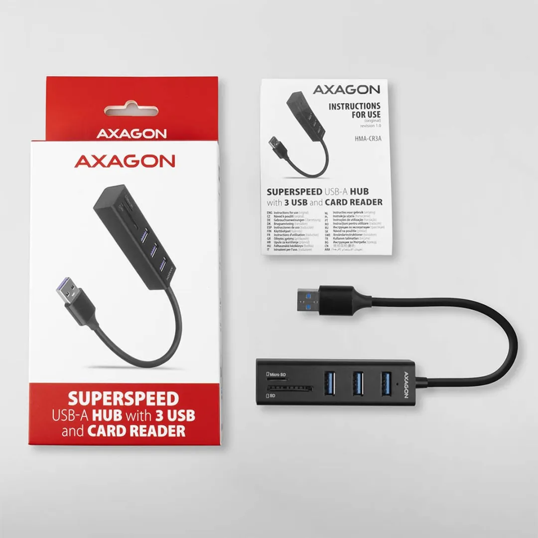 Axagon HMA-CR3A USB Hub Kaartlezer SD/Micro SD - 3 Poorten - Zwart