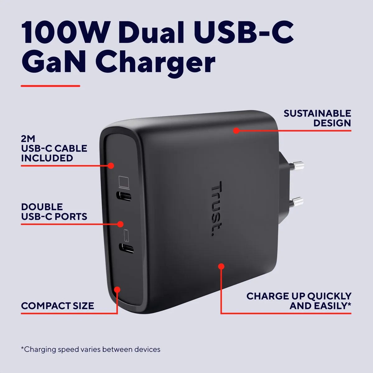 Trust Maxo 100W GaN USB-C Oplader 25527 - 2x USB-C - Zwart
