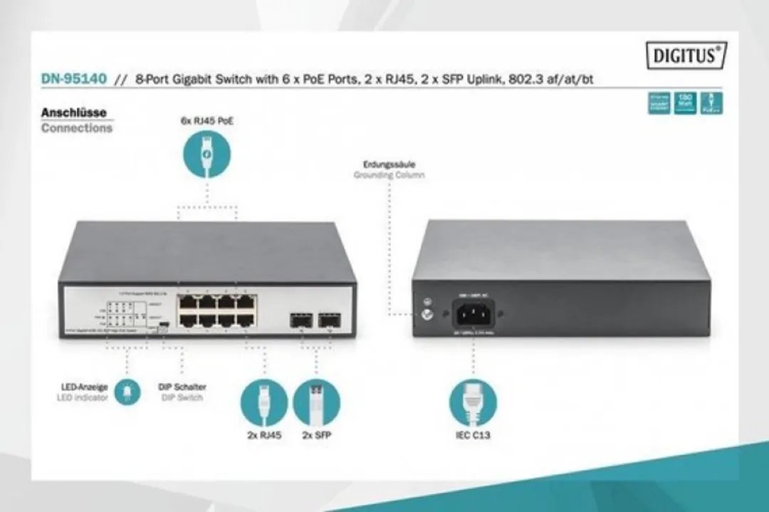 Digitus Switch 8-Port Gigabit 180W PoE - 6 PoE-poorten - Zwart