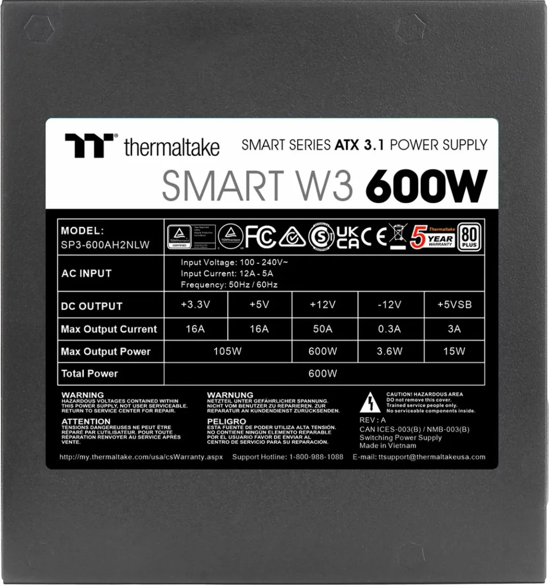 Thermaltake Smart W3 PS-SPW-0600NNFAWE-1 600W ATX Voeding - Zwart