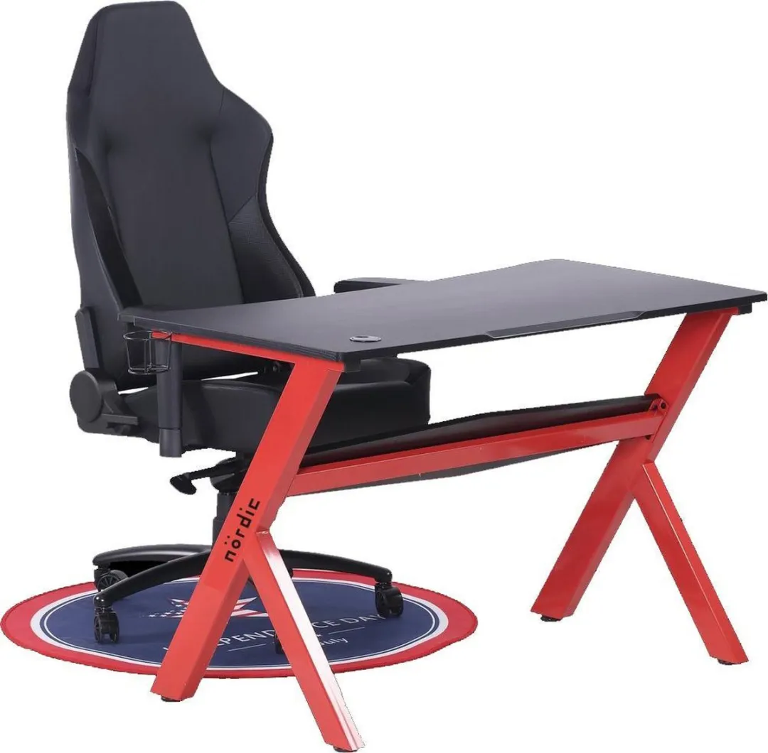 NÖRDIC gaming tafel – rood/zwart – stevige mdf game desk met metalen frame – kabelbeheer + ergonomische hoogte – 116x66x76 cm