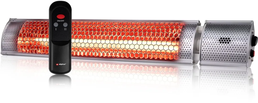 alpina Terrasverwarmer Infrarood Verwarming - Heater 2000W met Afstandsbediening - Hangend Model Plafond- of Wandmontage - IP55 Gecertificeerd - 2 Verwarmingsstanden - 67,5 x 10,5 x 7 cm
