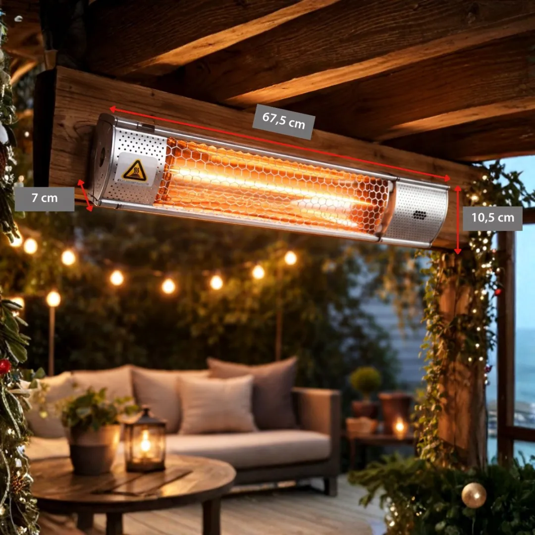 alpina Terrasverwarmer Infrarood Verwarming - Heater 2000W met Afstandsbediening - Hangend Model Plafond- of Wandmontage - IP55 Gecertificeerd - 2 Verwarmingsstanden - 67,5 x 10,5 x 7 cm