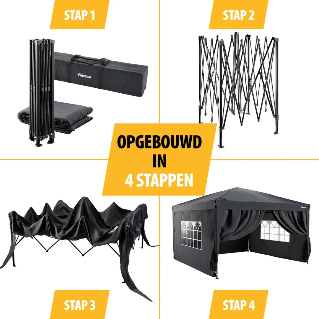 Tristar Partytent 3.6x3.6m - PT-7807 - Easy up - Met Zijwanden - Waterdicht - Inclusief draagtas - Paviljoen - Antraciet
