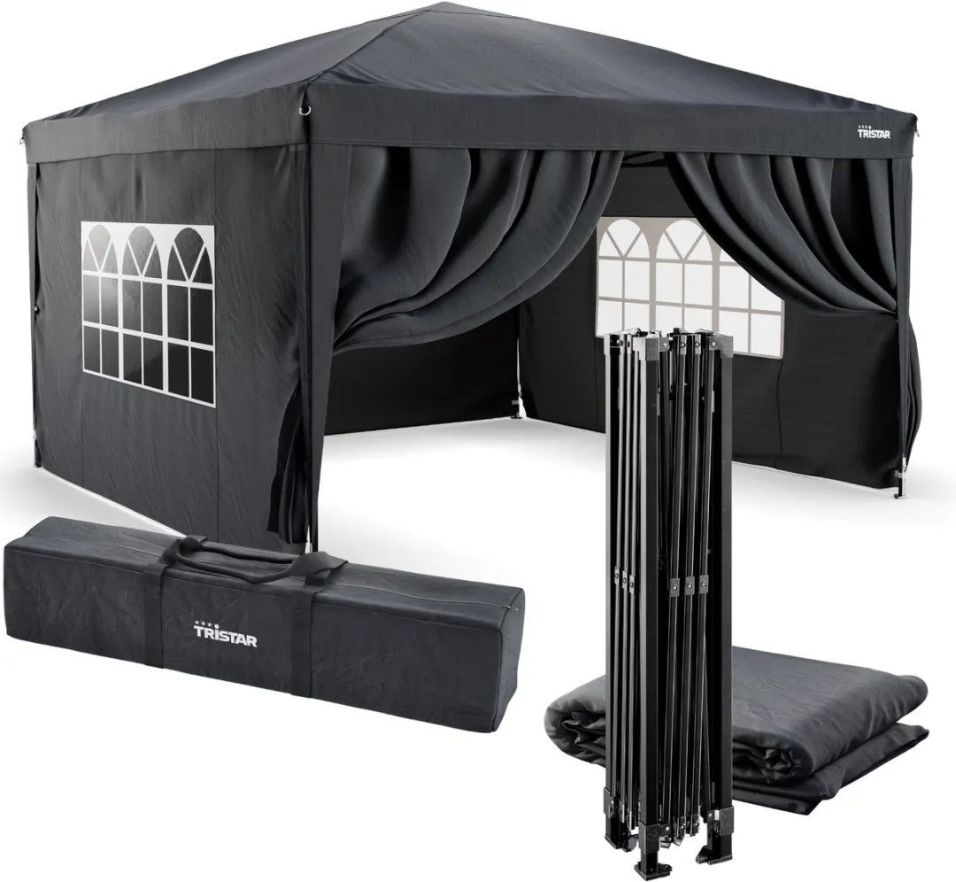 Tristar Partytent 3.6x3.6m - PT-7807 - Easy up - Met Zijwanden - Waterdicht - Inclusief draagtas - Paviljoen - Antraciet