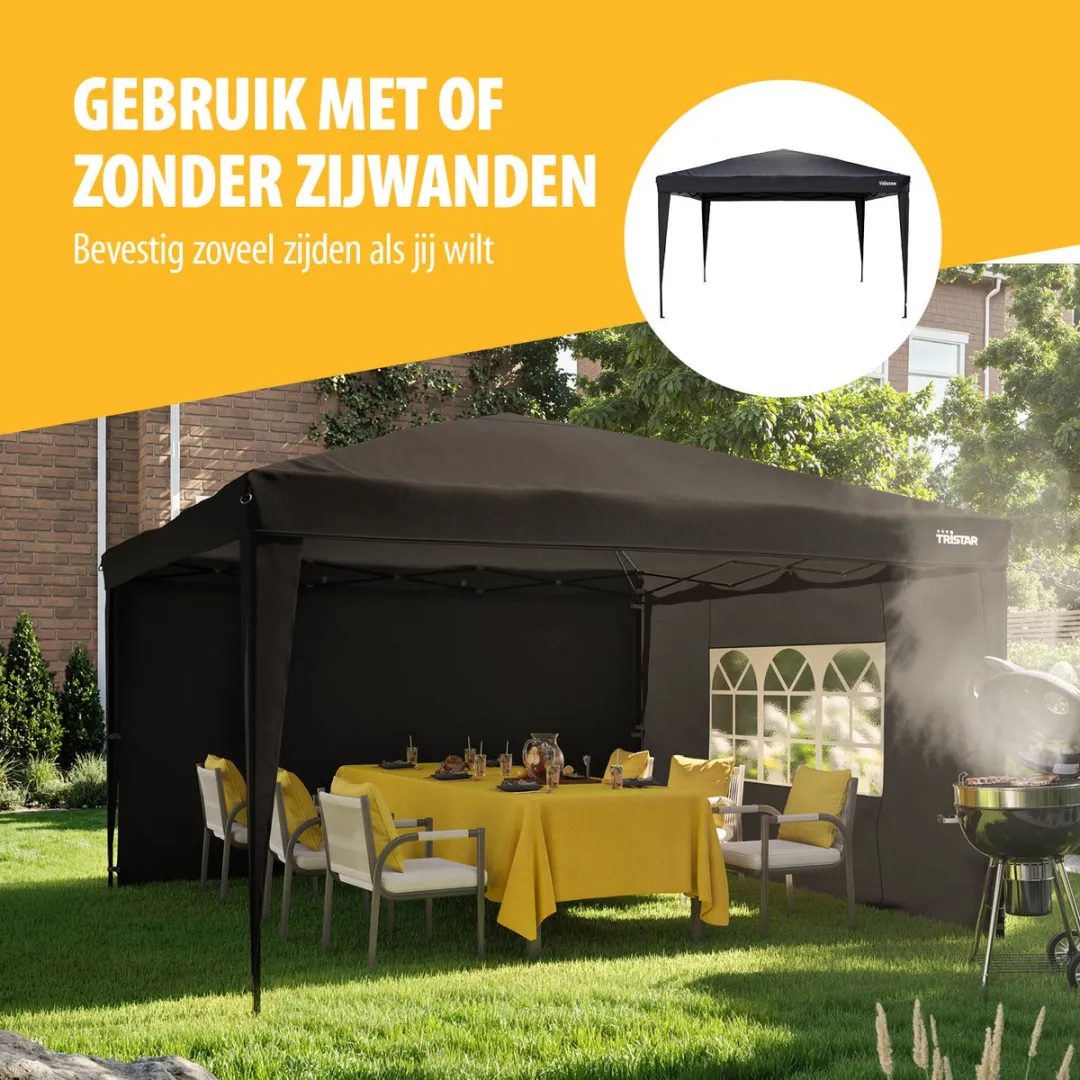 Tristar Partytent 3.6x3.6m - PT-7807 - Easy up - Met Zijwanden - Waterdicht - Inclusief draagtas - Paviljoen - Antraciet