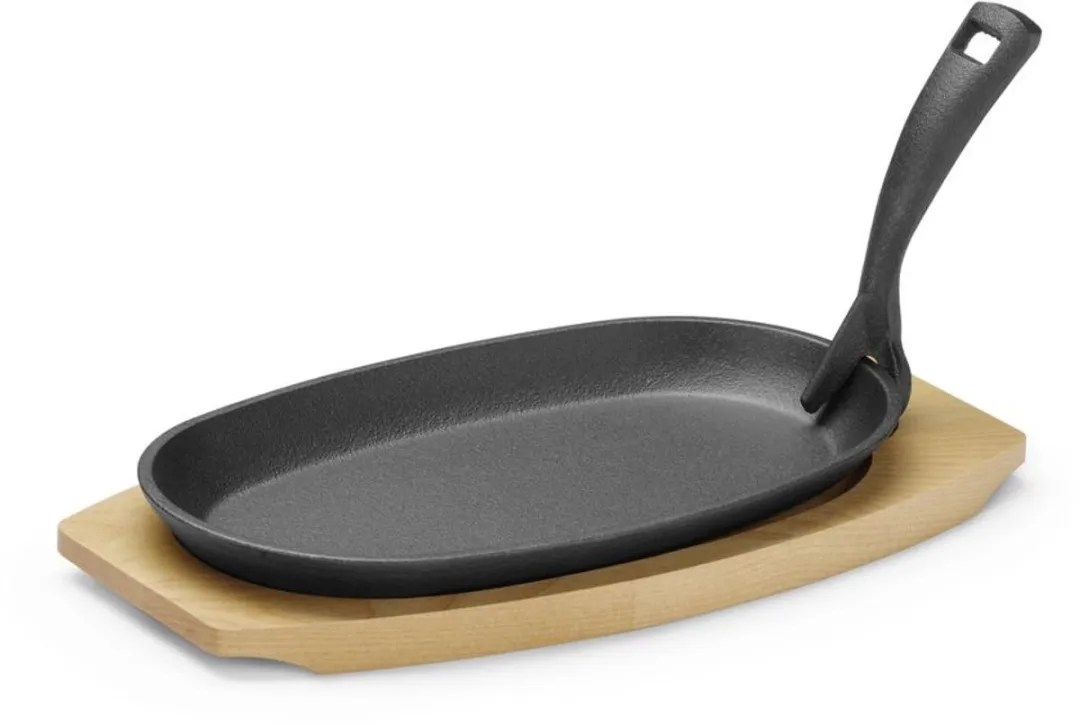 HENDI Gietijzeren Schaal met Houten Onderlegger 280x140x30mm - Zwart