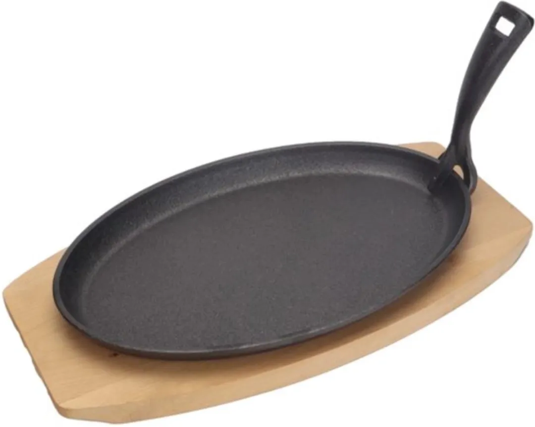 HENDI Gietijzeren Schaal met Houten Onderlegger 280x140x30mm - Zwart