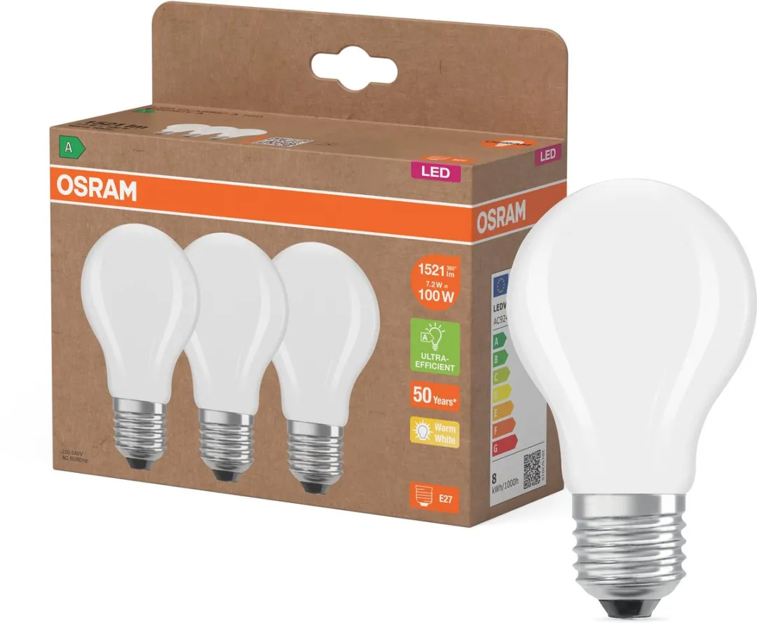 Osram LED Classic A100 Filament 7,2W E27 Mat - 3 Stuks