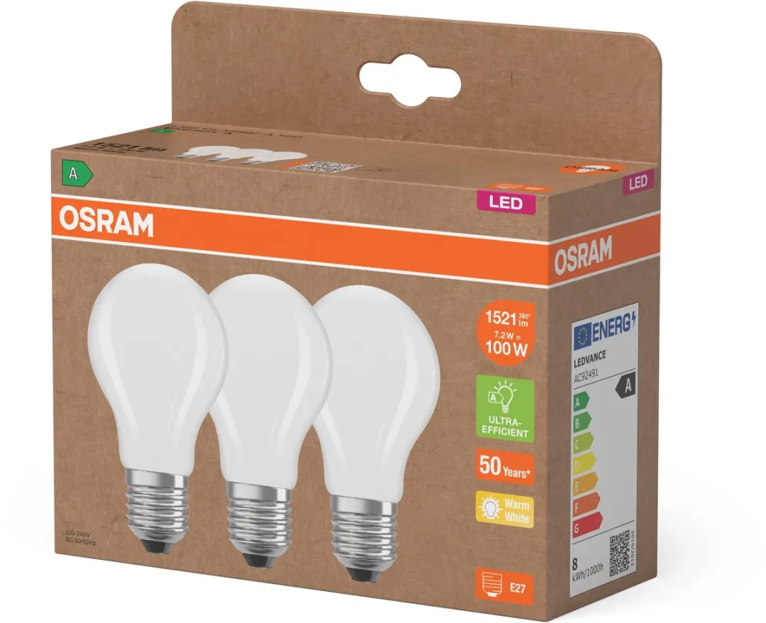 Osram LED Classic A100 Filament 7,2W E27 Mat - 3 Stuks