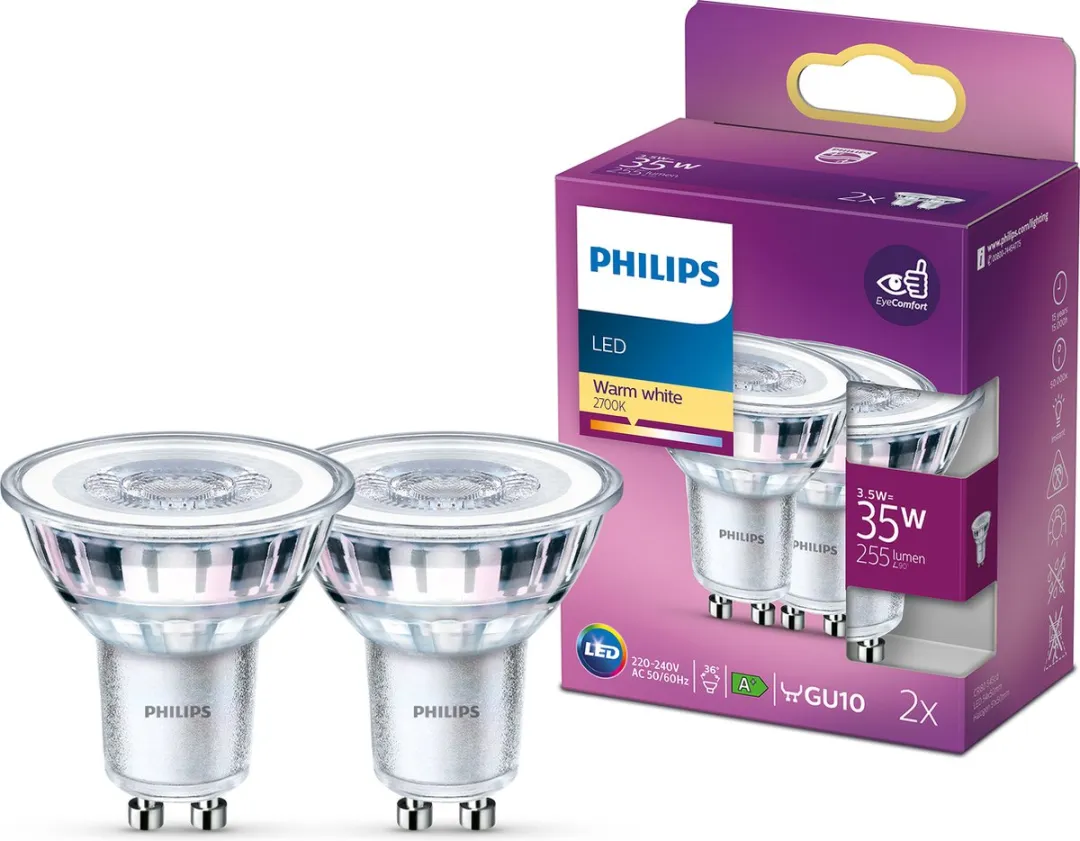 Philips LED Spot GU10 3,5W Warmwit - 2 Stuks