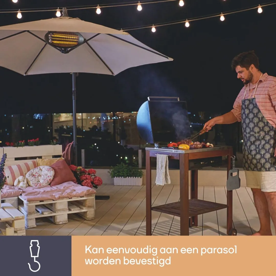 Perel - Hangende Terrasverwarmer - voor Wand, Plafond of Parasol - Terrasverwarming - Heater - Kachel - Patioverwarming - Spatwaterbestendig - Veranda Heater - Warmtelamp voor Terras - 3 Warmtestanden - Warmtestraler - Verwarming - Elektrische Kachel