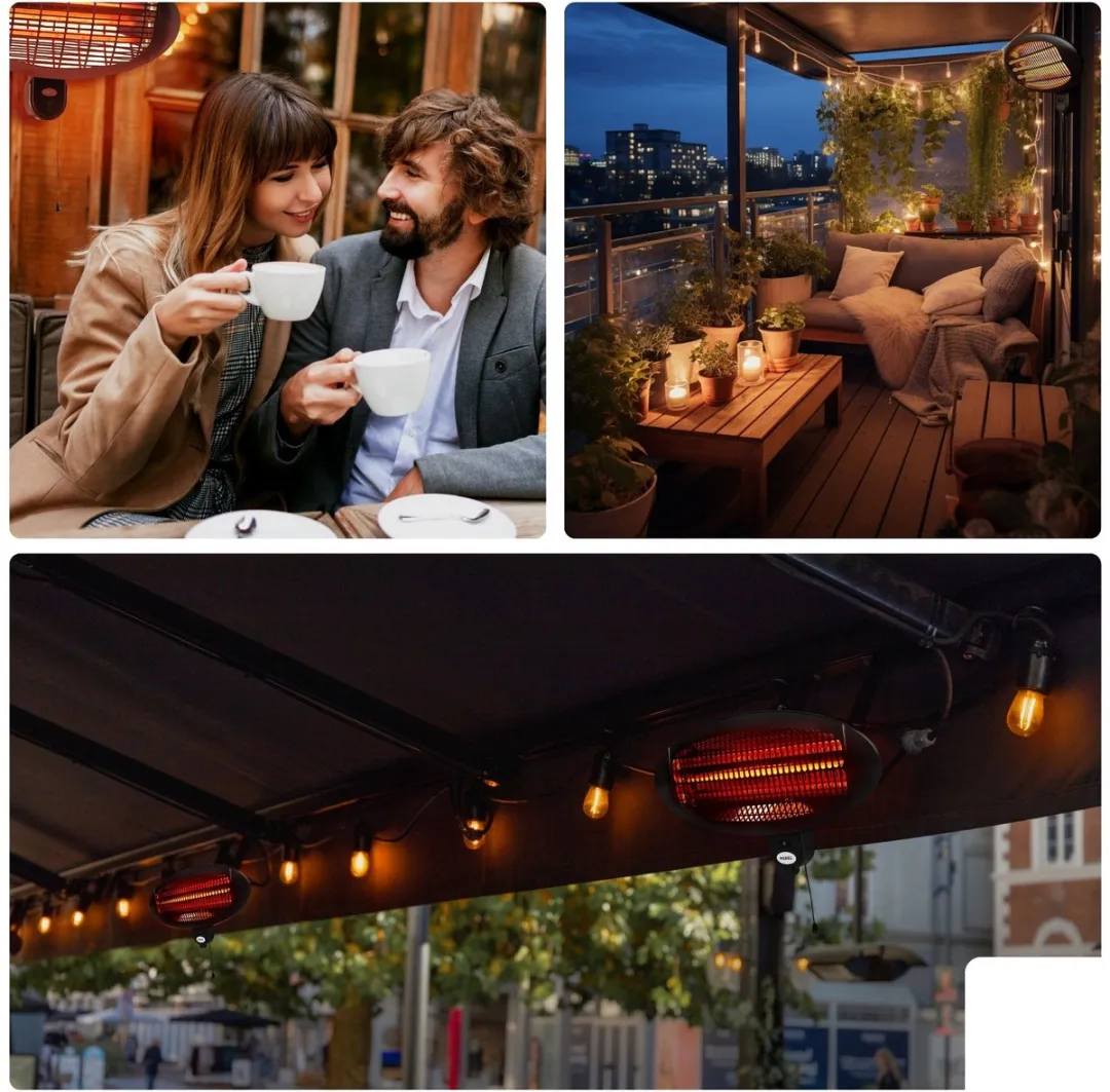Perel - Hangende Terrasverwarmer - voor Wand, Plafond of Parasol - Terrasverwarming - Heater - Kachel - Patioverwarming - Spatwaterbestendig - Veranda Heater - Warmtelamp voor Terras - 3 Warmtestanden - Warmtestraler - Verwarming - Elektrische Kachel