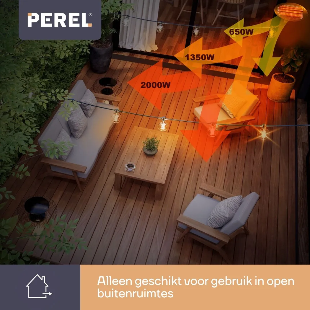 Perel - Hangende Terrasverwarmer - voor Wand, Plafond of Parasol - Terrasverwarming - Heater - Kachel - Patioverwarming - Spatwaterbestendig - Veranda Heater - Warmtelamp voor Terras - 3 Warmtestanden - Warmtestraler - Verwarming - Elektrische Kachel