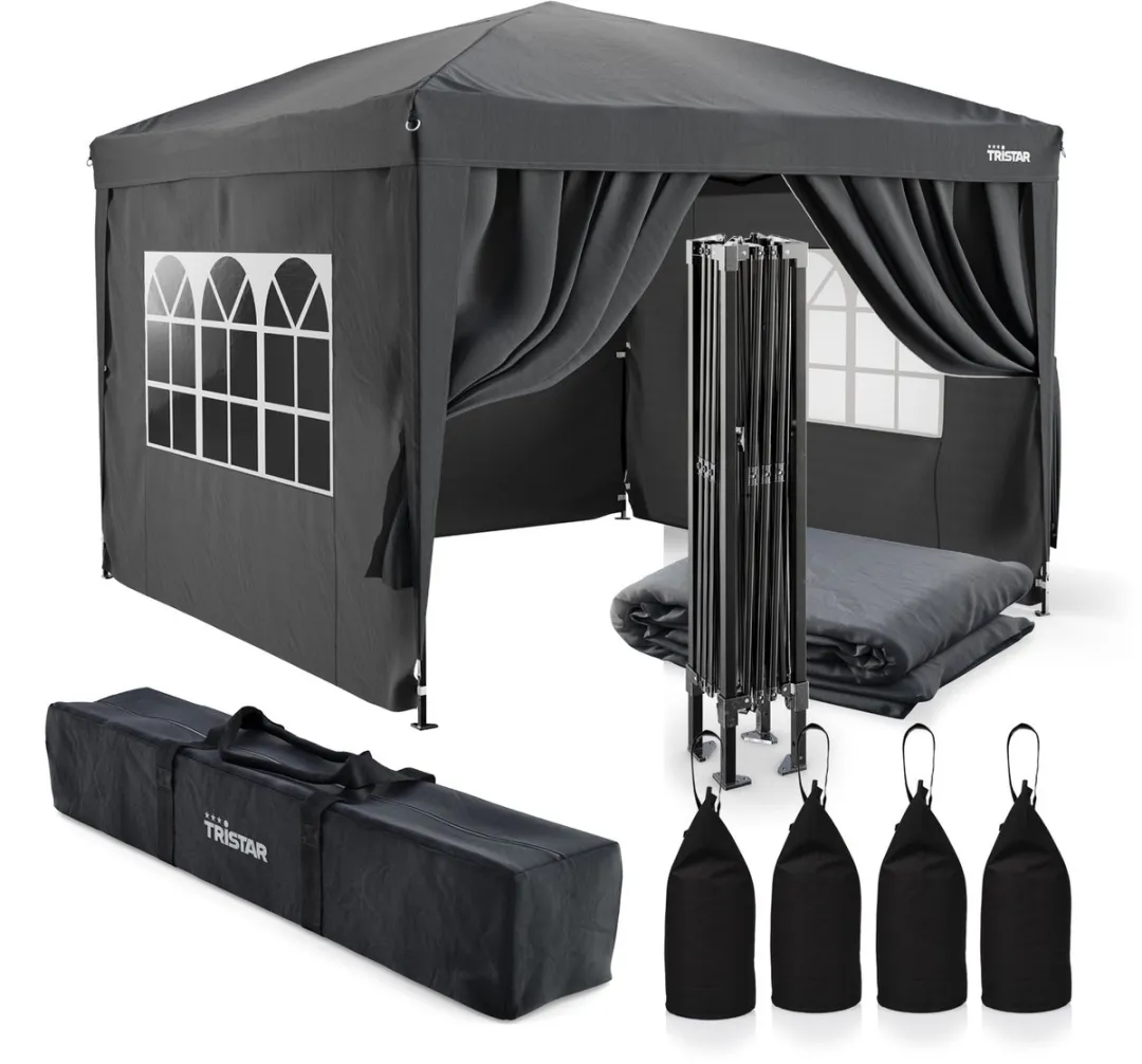 Tristar Partytent 3x3m - Inclusief Set van 4 Zandzakken - PT-7802 + PT-7805 - Easy Up - Met Zijwanden - Waterdicht - inclusief Draagtas - Paviljoen - Opvouwbaar - Antraciet