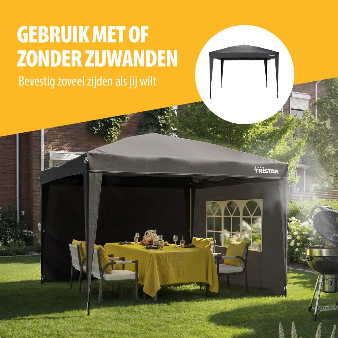 Tristar Partytent 3x3m - Inclusief Set van 4 Zandzakken - PT-7802 + PT-7805 - Easy Up - Met Zijwanden - Waterdicht - inclusief Draagtas - Paviljoen - Opvouwbaar - Antraciet