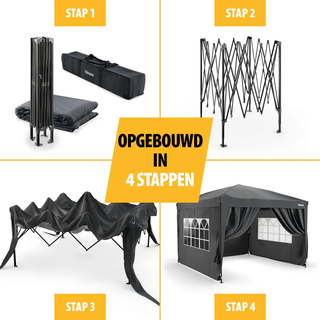 Tristar Partytent 3x3m - Inclusief Set van 4 Zandzakken - PT-7802 + PT-7805 - Easy Up - Met Zijwanden - Waterdicht - inclusief Draagtas - Paviljoen - Opvouwbaar - Antraciet