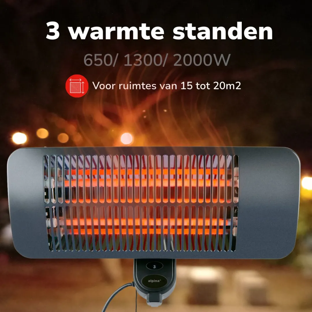 alpina Infrarood Verwarming Hangend - Terras Heater 2000W 3 Warmtestanden - Spatwaterdichte Terrasheater IP34 met Infrarood Paneel - Terrasverwarmer