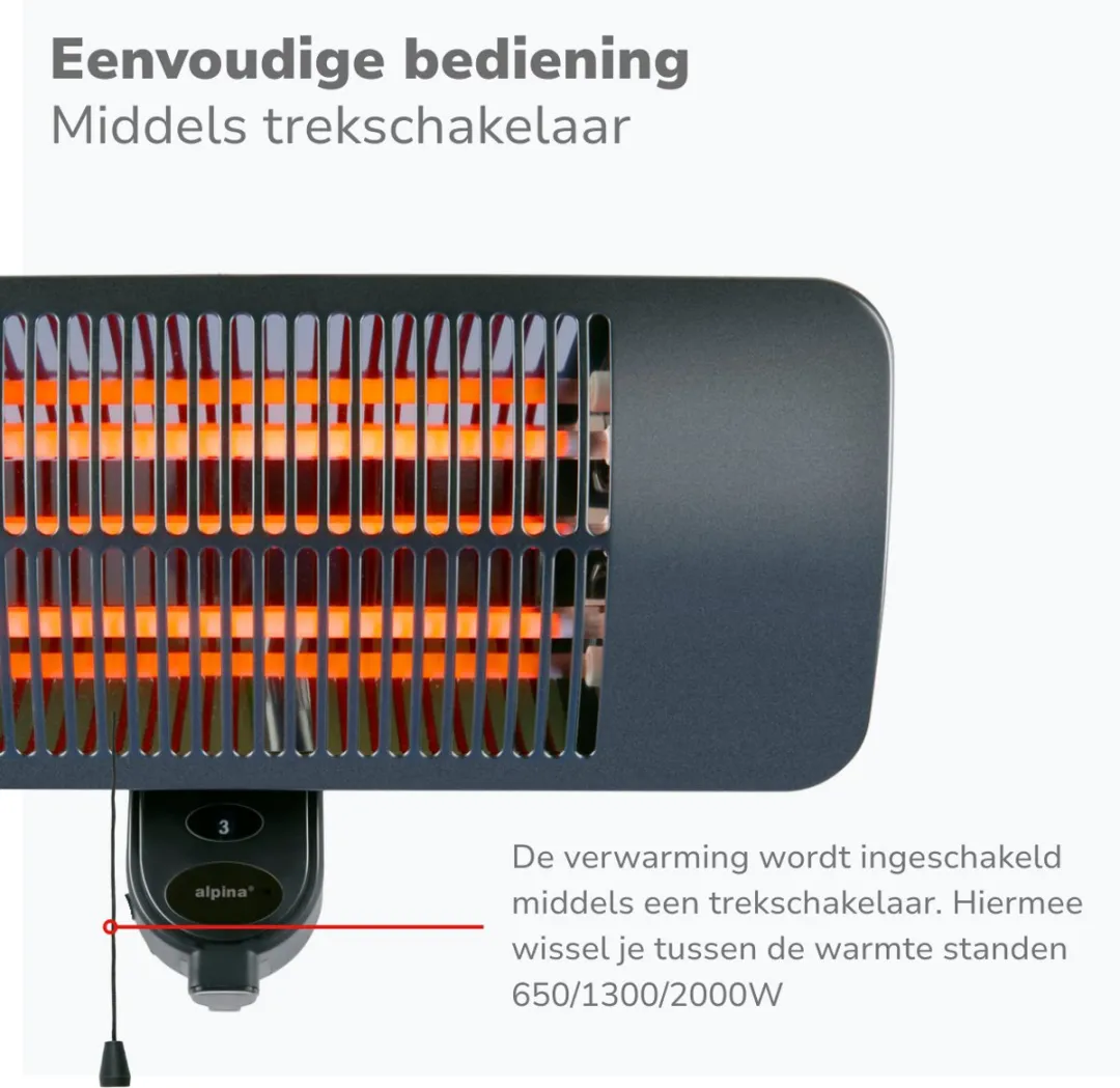 alpina Infrarood Verwarming Hangend - Terras Heater 2000W 3 Warmtestanden - Spatwaterdichte Terrasheater IP34 met Infrarood Paneel - Terrasverwarmer