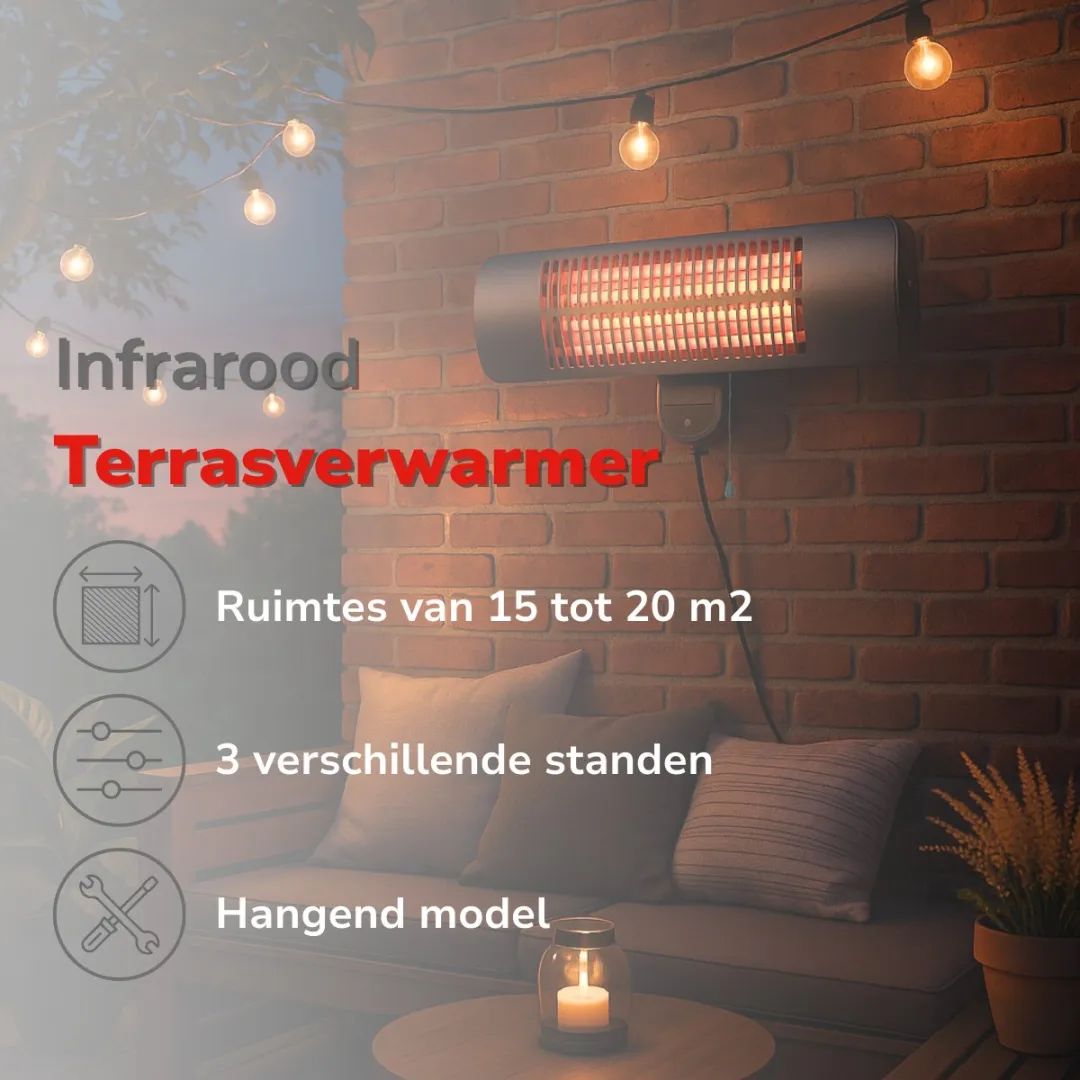 alpina Infrarood Verwarming Hangend - Terras Heater 2000W 3 Warmtestanden - Spatwaterdichte Terrasheater IP34 met Infrarood Paneel - Terrasverwarmer