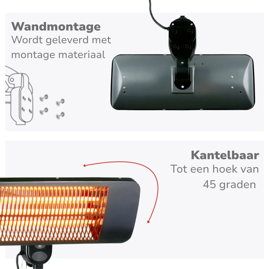 alpina Infrarood Verwarming Hangend - Terras Heater 2000W 3 Warmtestanden - Spatwaterdichte Terrasheater IP34 met Infrarood Paneel - Terrasverwarmer