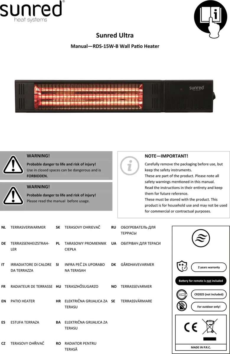 Sunred Fortuna Ultra Wandverwarmer 1500W - Zwart