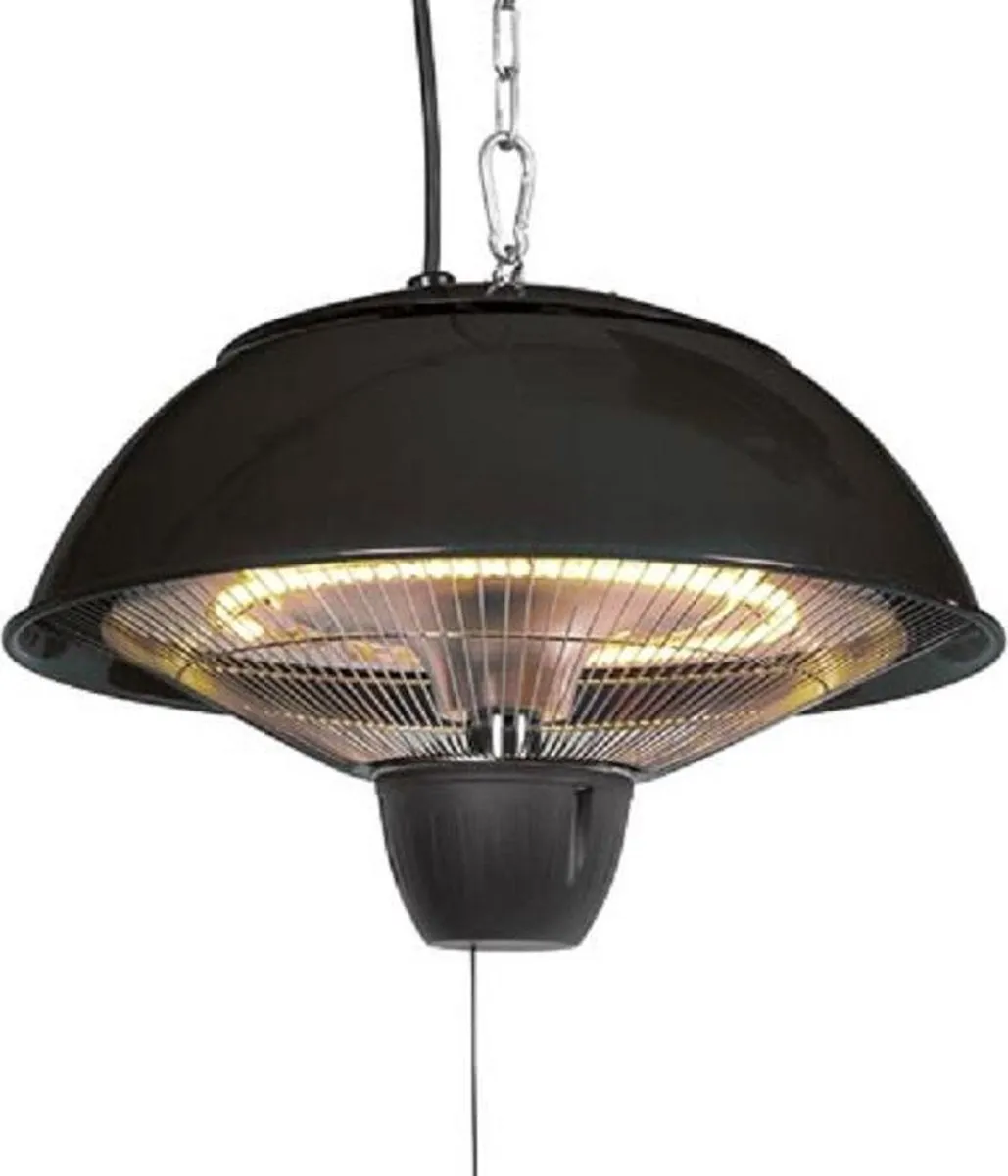 Perel Terrasverwarmer, 1500 W, halogeen, plafondmontage, met trekschakelaar, ketting, 1 warmteniveau, plensdicht, metaal, zwart