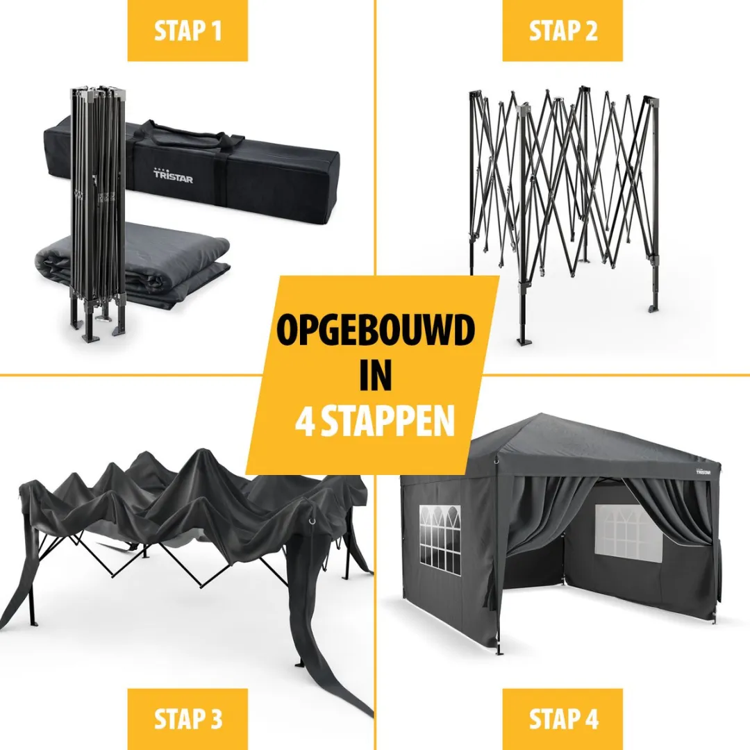 Tristar Partytent 3x4m - PT-7804 - Easy Up - Met Zijwanden - Waterdicht - inclusief Draagtas - Paviljoen - Opvouwbaar - Antraciet
