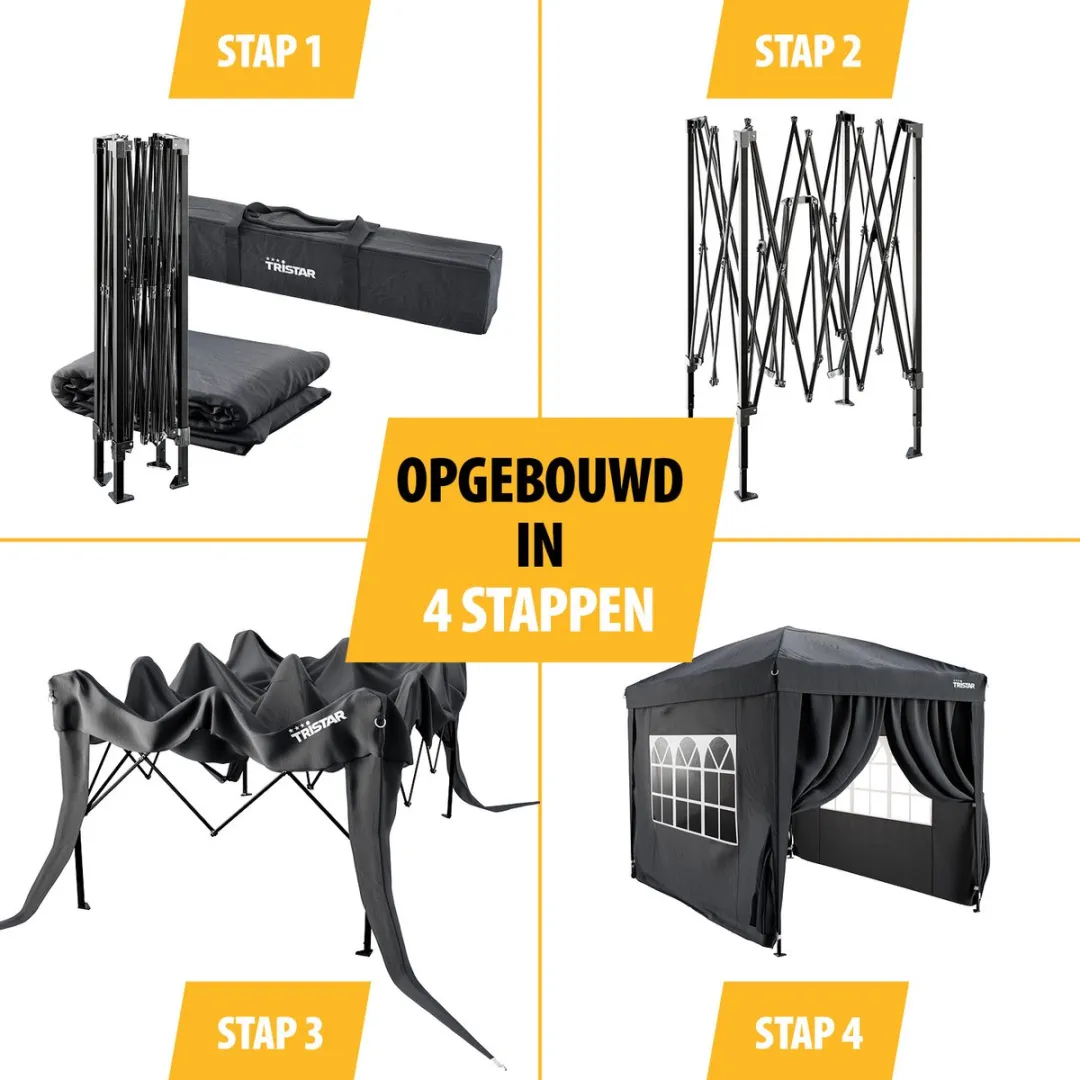 Tristar Partytent 2x3m - PT-7806 - Easy up - Met Zijwanden - Waterdicht - Inclusief draagtas - Paviljoen - Antraciet