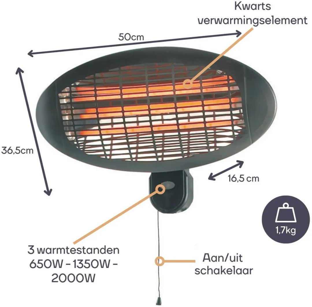 Perel PHW2000 Terrasverwarmer 2000W - Wandmontage - Zwart