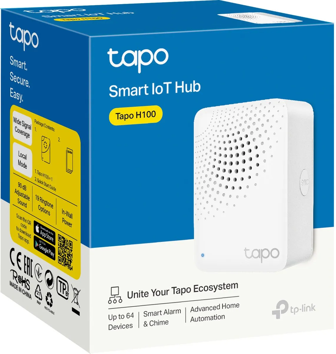 TP-Link Tapo H100 Smart Hub - 64 Ontvangers - 19 Melodieën - Wit