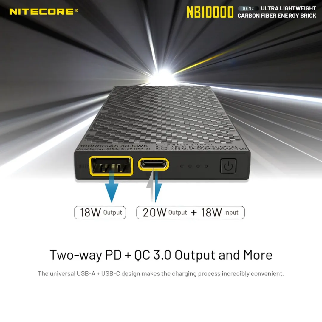 Nitecore NB10000 Gen2 Powerbank - USB-C, USB-A Dubbele poorten - Capaciteit: 10.000mAh 3.85V - Afmetingen: 121.9mm×59mm×10.6mm - Gewicht: 150g