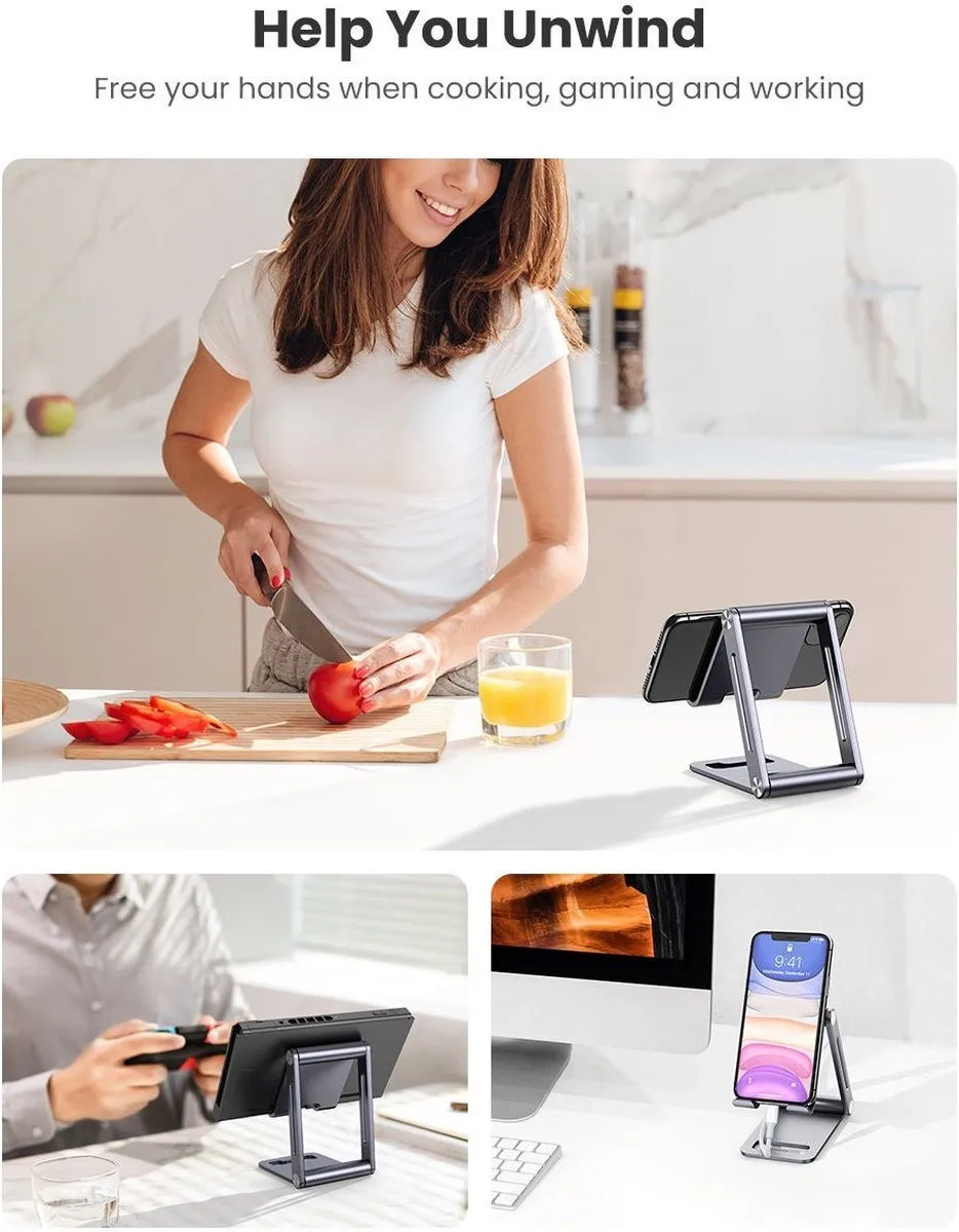 Ugreen Verstelbare Telefoonhouder Aluminium - Universeel 7.9" - Grijs/Green - afbeelding 6 van 6