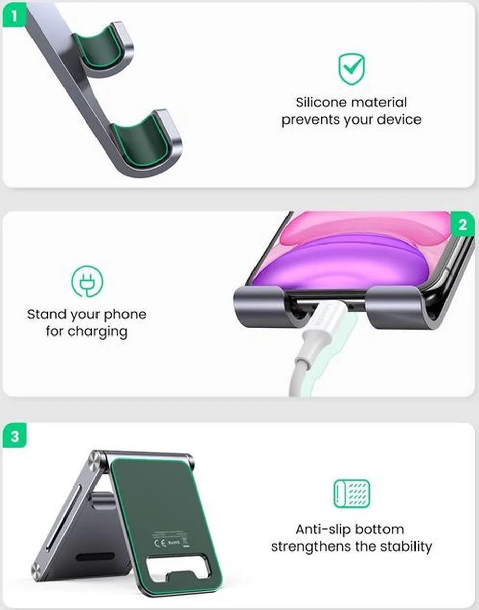 Ugreen Verstelbare Telefoonhouder Aluminium - Universeel 7.9" - Grijs/Green