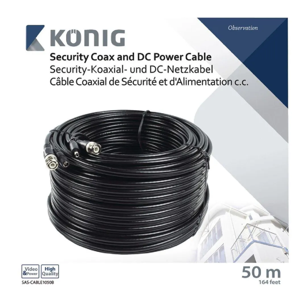 Konig CCTV Kabel - 50m BNC + Voedingskabel - Zwart