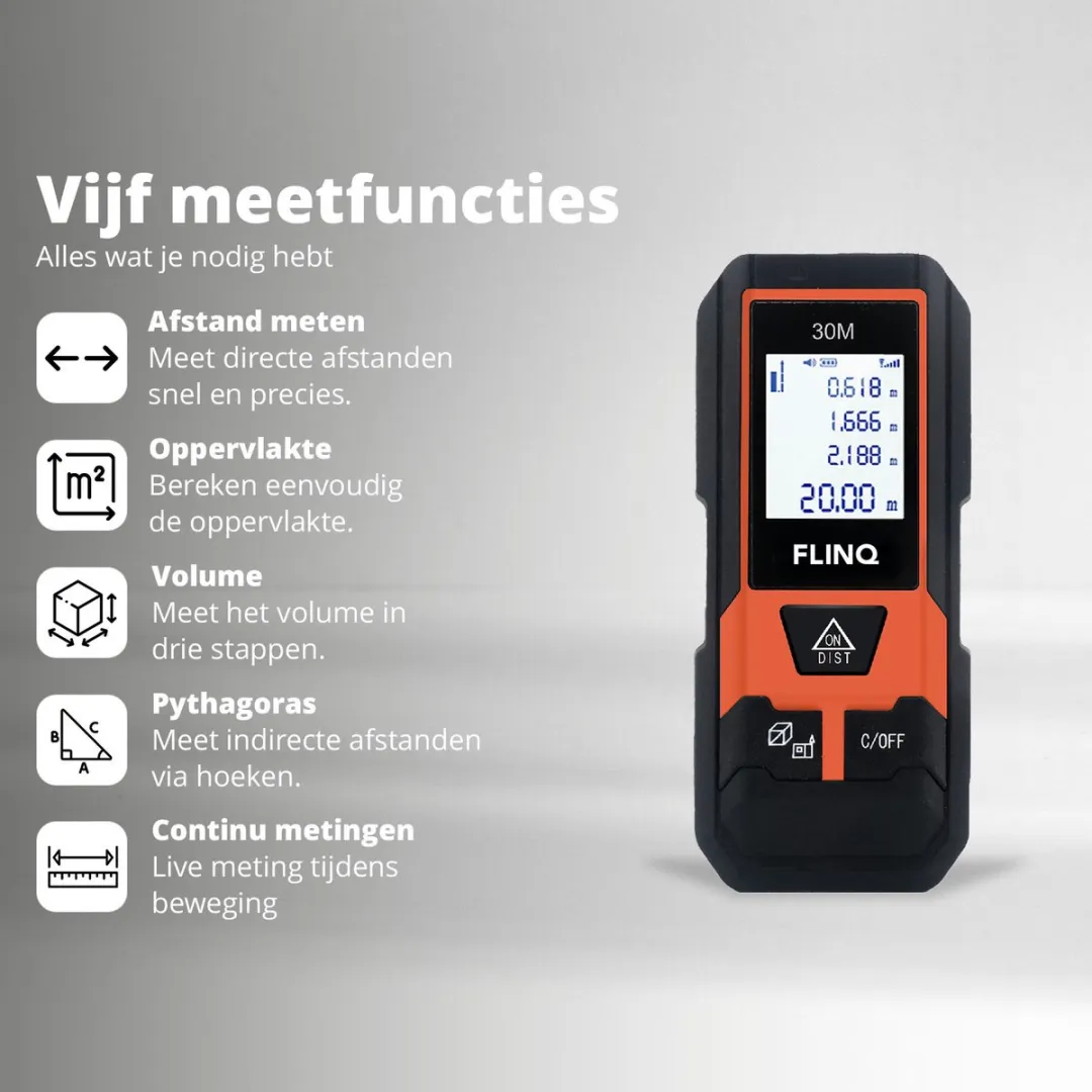 FlinQ Digitale Laser Afstandsmeter 30m - 2x Batterijen - Zwart/Oranje