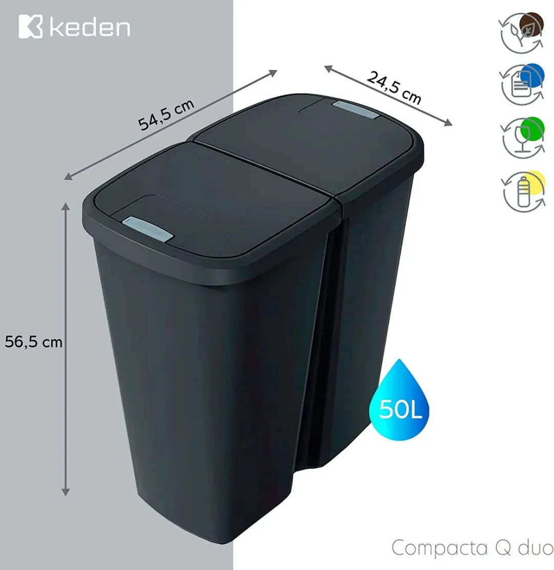 Prosperplast Keden Compacta Q DUO Prullenbak 50L - Zwart/Grijs