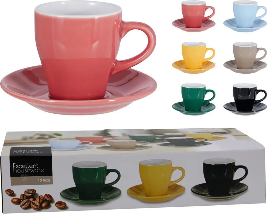 Excellent Houseware Koffiekopjes met Schotel - 240ml - 6 Stuks - Keramiek - Kleurenmix