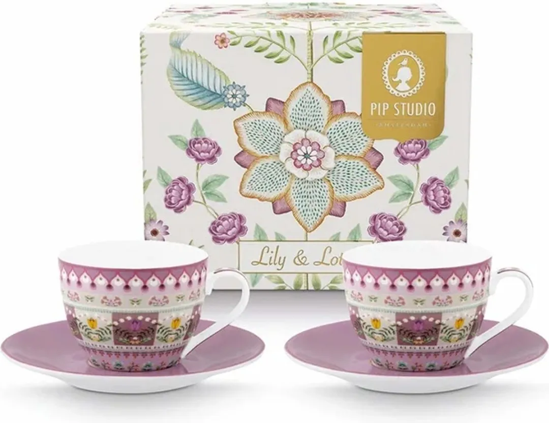 Pip Studio Lily & Lotus Espresso Kop & Schotel Set 2-delig - 120ml - Porselein - Roze/Lila