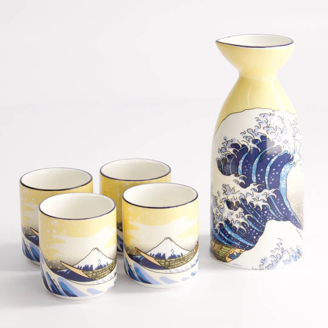 Tokyo Design Studio Hokusai Sake Set MU-8007/B - 4 Personen - Blauw/Geel