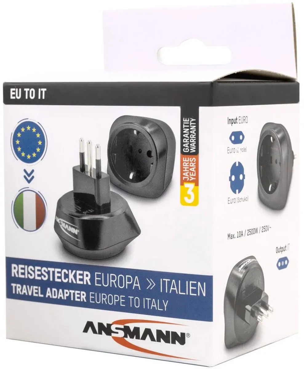 Ansmann Wereldstekker EU-IT Reisadapter 12331601AB - Zwart