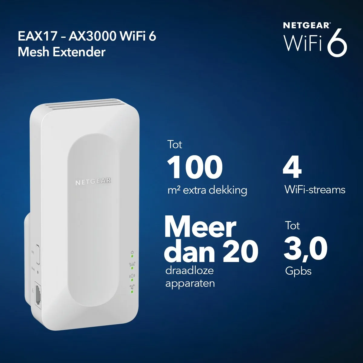 Netgear Nighthawk EAX17 Mesh WiFi Repeater - WiFi 6 - 3000 Mbps - Wit