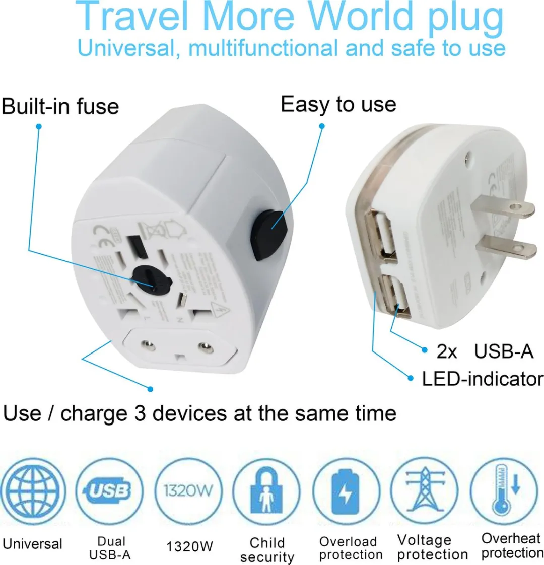 FlinQ Wereldreisstekker Universeel - 2x USB - EU/UK/US/AUS/AFR