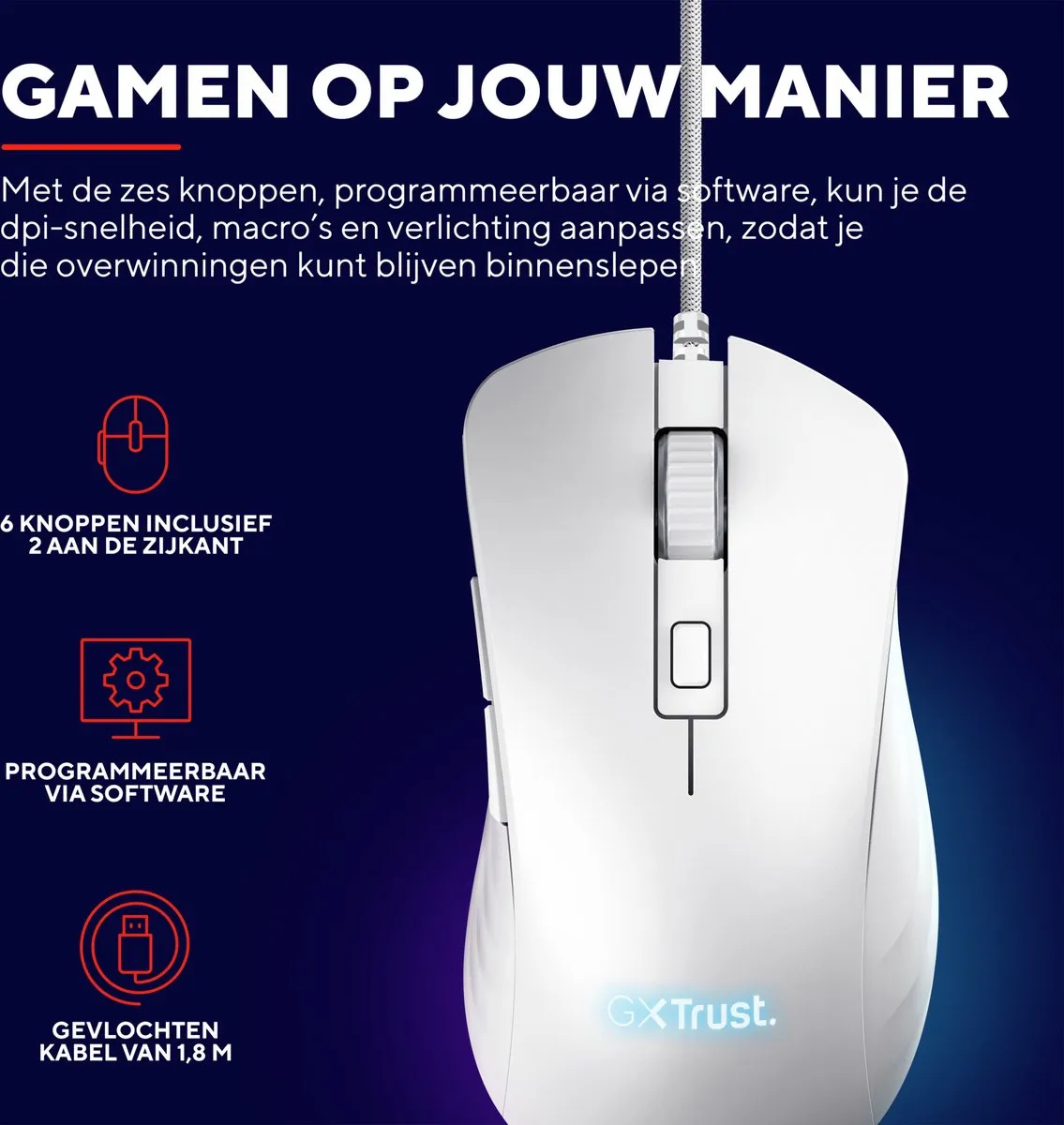 Trust GXT 924W YBAR+ Pro Gaming Muis - 25600 DPI - Wit