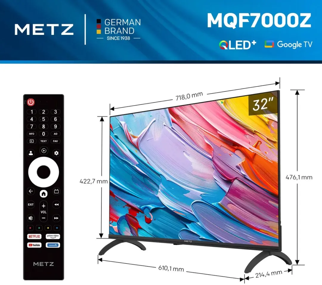 METZ QLED 32 Inch 32MQF7000Z Smart Google TV, HDR10, Dolby Audio, Oogzorg TV, Triple Tuner