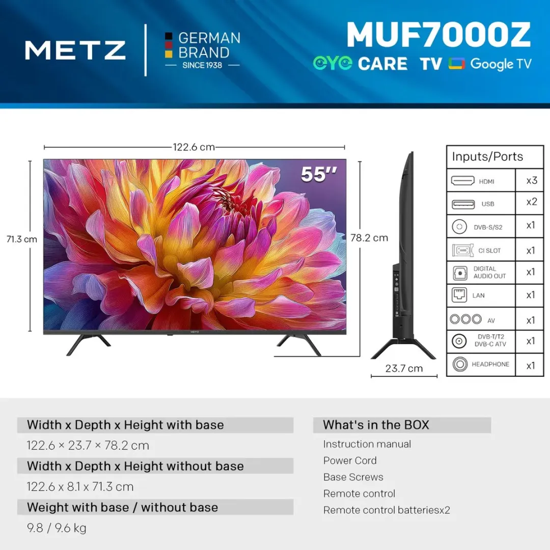 METZ 55MUF7000Z – 55 inch 4K Ultra HD Smart TV – Google TV – Dolby Vision & Dolby Audio – WiFi & Bluetooth – 55” Televisie