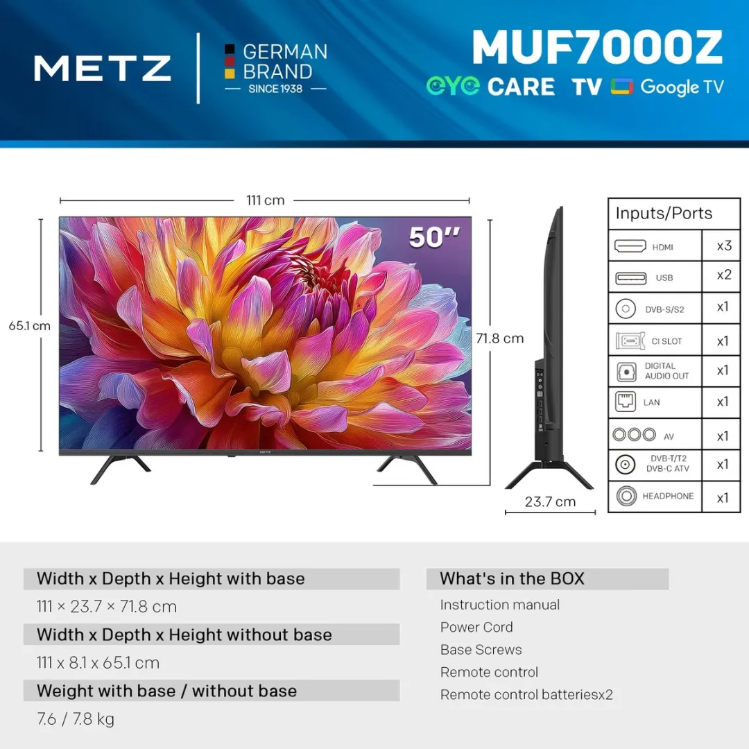 METZ 50MUF7000Z UHD TV 50 inch – 4K – Smart Google TV – HDR10 – Dolby Vision & Atmos – WiFi – Triple Tuner