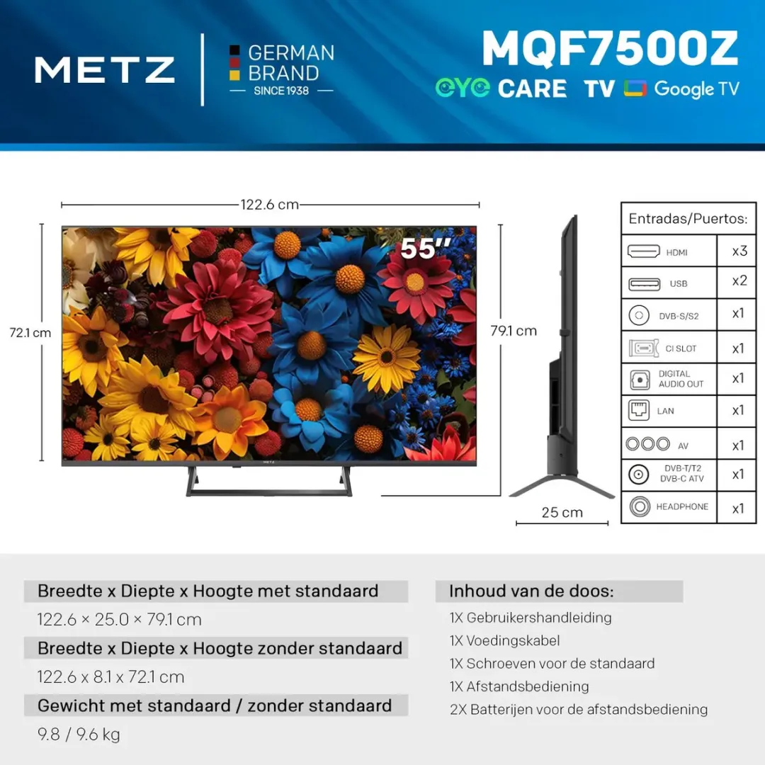 METZ 55MQF7500Z – 55 inch 4K QLED Smart TV – Google TV – Dolby Vision & Atmos – HDMI 2.1 – Smart TV met WiFi & Bluetooth