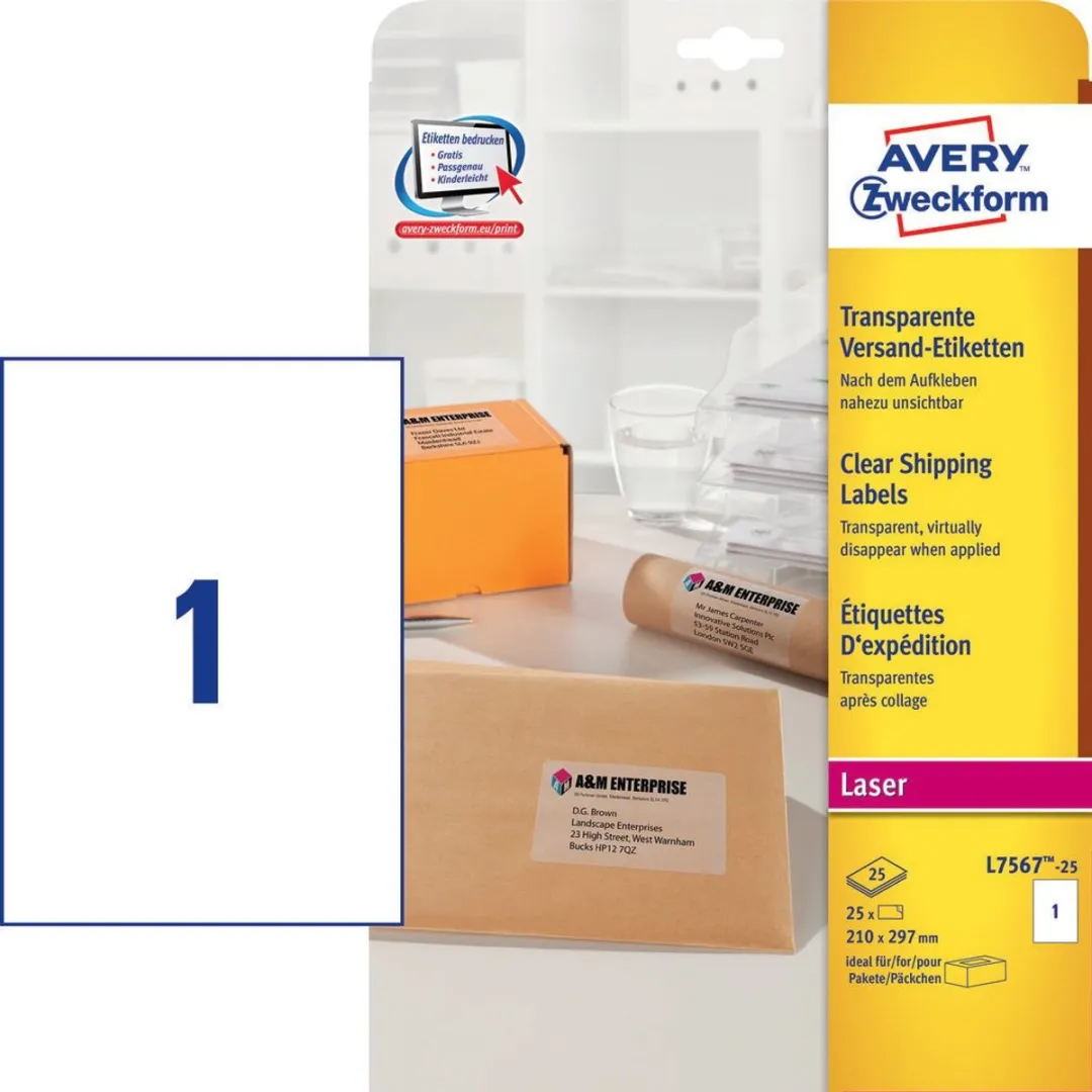 Avery Transparante Stickers 210x297mm - 25 Stuks